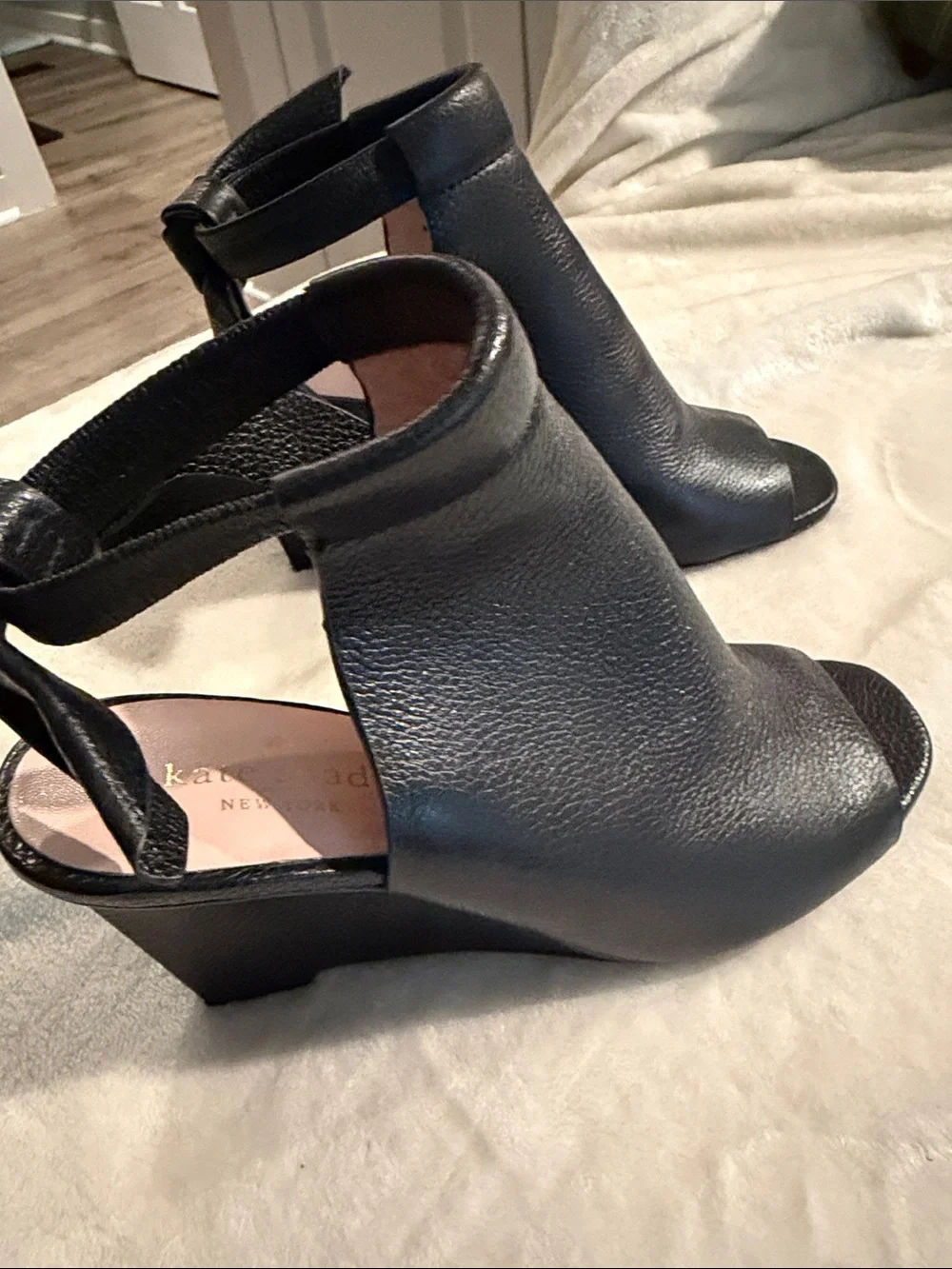 kate spade Black Leather Open-Toe Ankle-Wrap Wedge Sandals
